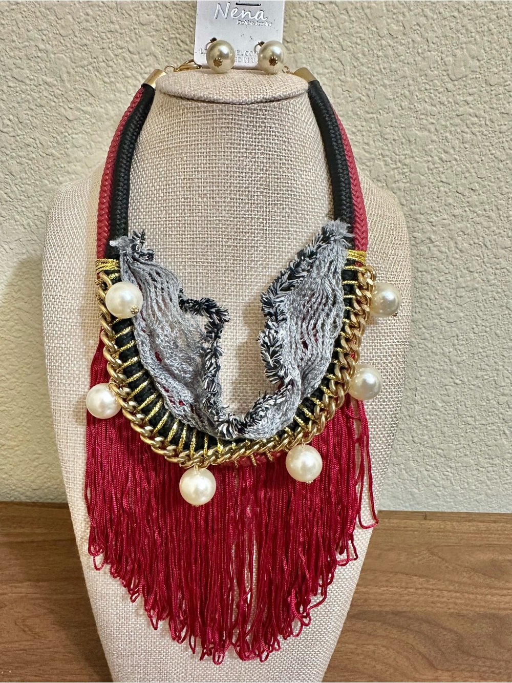 16”-18” Nena Red Fringe Statement Necklace with Faux Pearls